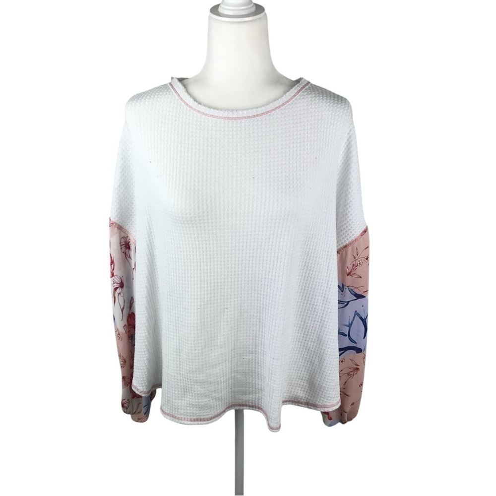 Impressions White Knit Floral Sleeved Top Size L